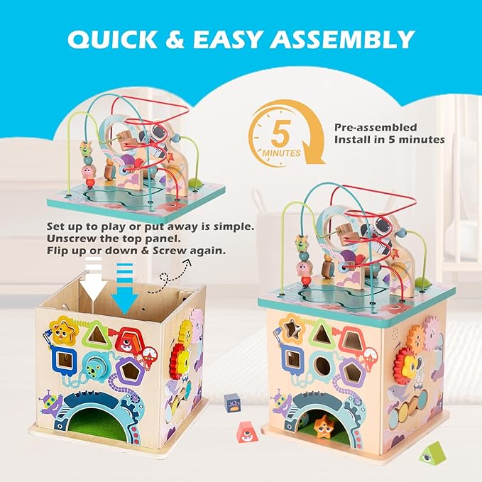 Pre-Assembled 9 in 1 Wooden Activity Cube. Educational Learning Toy for Kids with Bead Maze, Shape Sorter and Music Gears and More. for Toddlers 18 Month+. Birthday Gifts for Boys and Girls