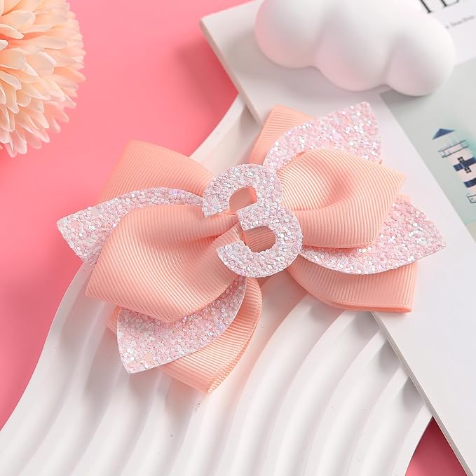 Glitter Birthday Hair Bow for Baby Girls 1 2 3 4 5 6 Years Peach Party Decoration Hair Accessories for Three 3rd Third Birthday