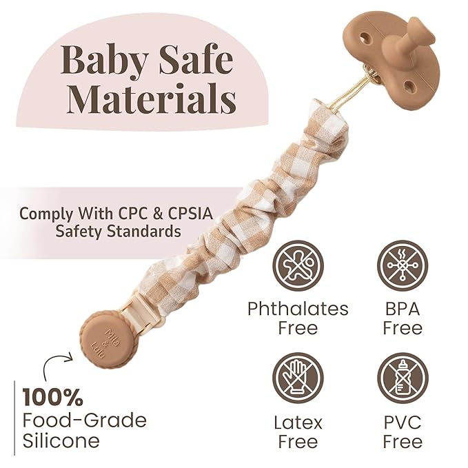 Muslin Cotton - Metal-Free Pacifier Clips, Lightweight and Secure Pacifier Holder for Babies (Hazel Miel) - Mila & Lulu