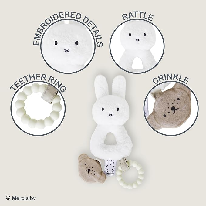 Kids Preferred Miffy Baby Ring Rattle – Soft Plush Material, Crinkle, Rattle Toy with Bumpy Ring Teether, Embroidered Details, Ages 0 Months & up