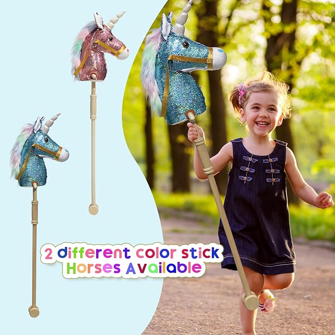 HollyHOME Sequin Unicorn Stick Horse Handcrafted Hobby Horse on a Stick with Wood Wheels Real Pony Neighing and Galloping Sounds Plush Unicorn Toy Blue 36 Inches(AA Batteries Required)