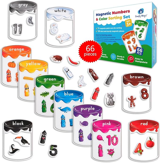 66 PCS Magnetic Color Sorting Set, Magnetic Numbers & Colors Sorting Toys for Toddlers, Numbers Color Sorting Magnets for Fridge and Whiteboard, Recognition Sorting Set - Simply Magic