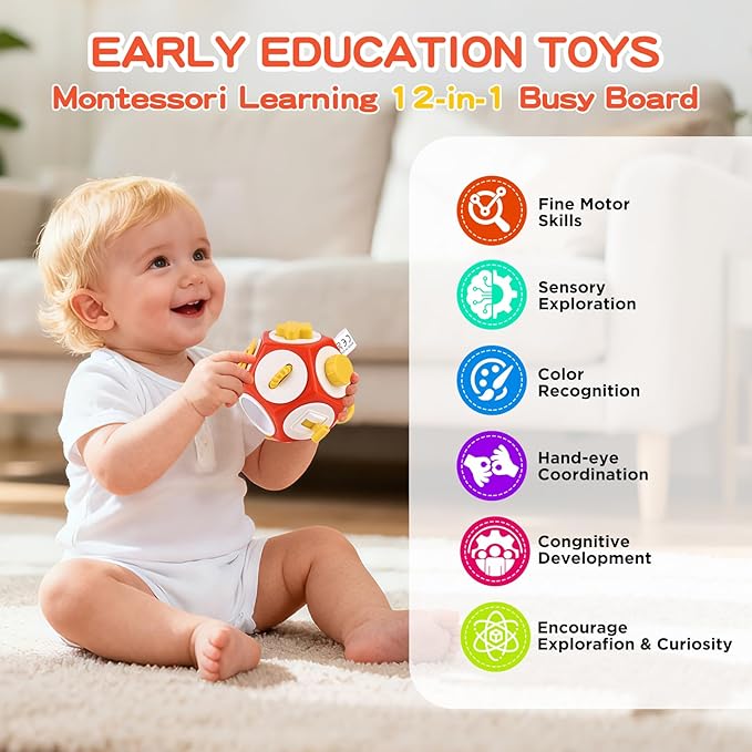 Montessori Activity Cube & Busy Board for 1 Year Old - 12-in-1 Travel Toys for Airplane & Car, Car Seat & Stroller Activity Toy, Toys Gift for 1 Year Old Boy Girl, Easter Basket Stuffers for Toddler