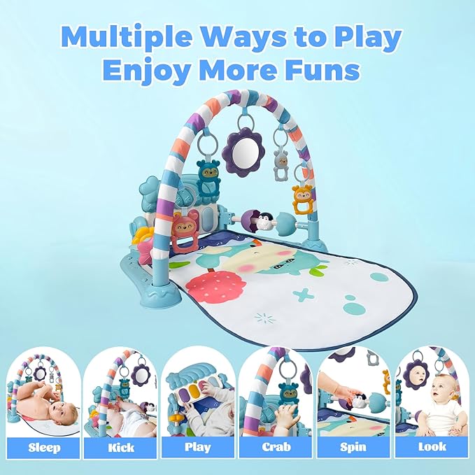 Cuterabit Baby Tummy Time Play Mat, Kick and Play Piano with Music and Light, Activity Gym Center for Newborn Babies Infants Boys Girls 0-3-6-9-12 Months (Blue)