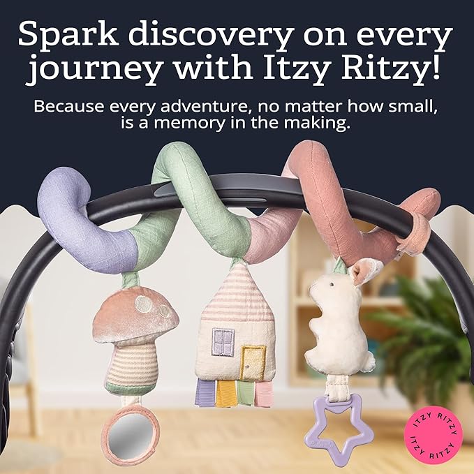 Itzy Ritzy Spiral Car Seat & Stroller Activity Toy - Stroller & Car Seat Toys for Ages 0 Months and Up - Hanging Toys Include Dangling Ring, Mirror and Textured Ribbons (Pastel Rainbow)
