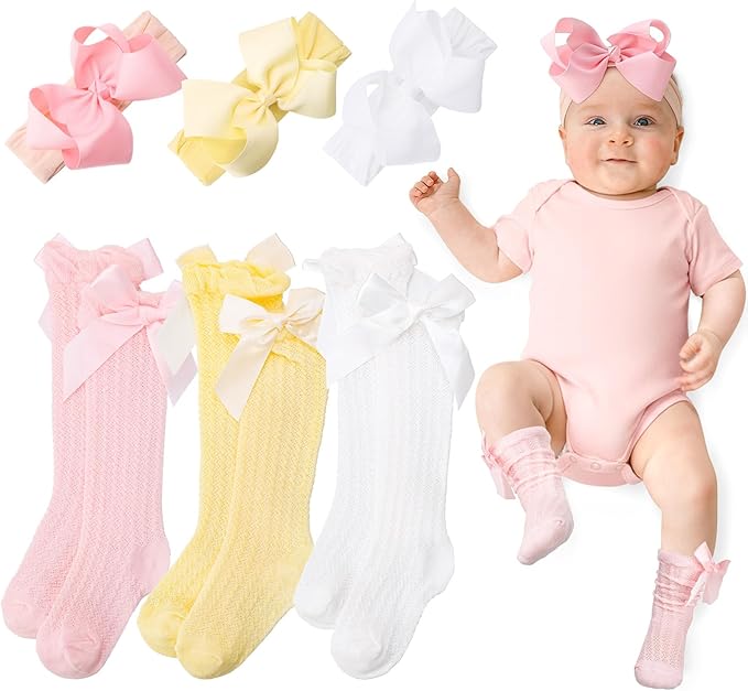 JATEBI Baby Girls Big Bow Headband and Knee High Socks Cute Bows Lace Soft Super Elastic Headband for Baby Girls Newborn Infant Toddlers