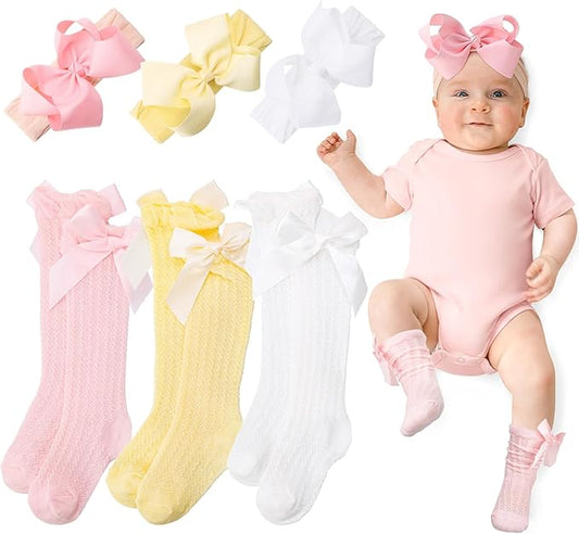 JATEBI Baby Girls Big Bow Headband and Knee High Socks Cute Bows Lace Soft Super Elastic Headband for Baby Girls Newborn Infant Toddlers