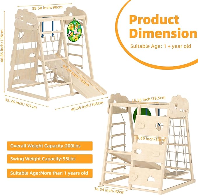 8-in-1 Indoor Playground, Indoor Jungle Gym for Kids, Wooden Montessori Climbing Toys with Rings, Slide,Rope Ladder, Monkey Bar, Climbing Net, Climbing Rock, Swing, Dart Board