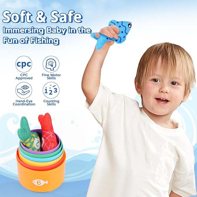 Fishing Game for Toddlers 1-3, Montessori Fishing Toy Set with 29PCS Cloth Fish & Stacking Cups, Educational Toys for Number & Color Sorting, Birthday Gifts for 1 2 3 Year Old Boys Girls