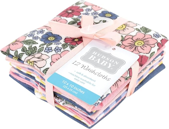 Hudson Baby Unisex Baby Flannel Cotton Washcloths, Pink Blue Pretty Floral 12 Pack, One Size