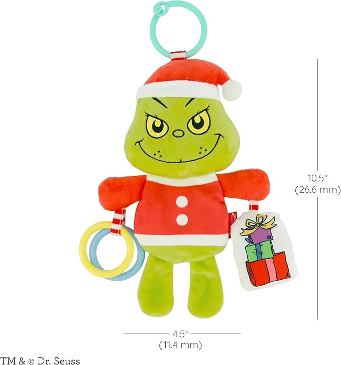Infantino Activity Pal The Grinch, Baby Sensory Clip-On Toy with Crinkle Body, Rattling Presents & Clacker Rings, Stroller & Car Seat Companion, Holiday Baby Gift & Stocking Stuffer