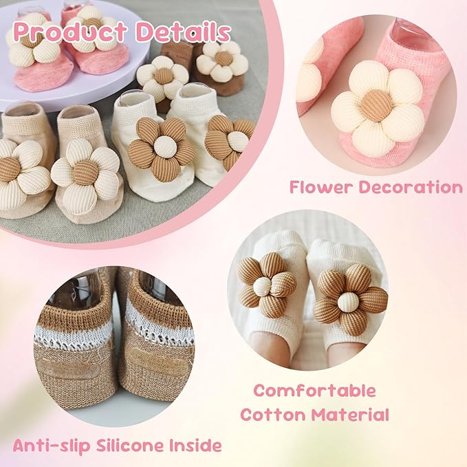 Baby Girl Headbands and Socks Set, Non-Slip Socks with Flower Hairbands, Comfortable Newborn Infant Toddler Accessories (Beige/Brown, 6-12 months)