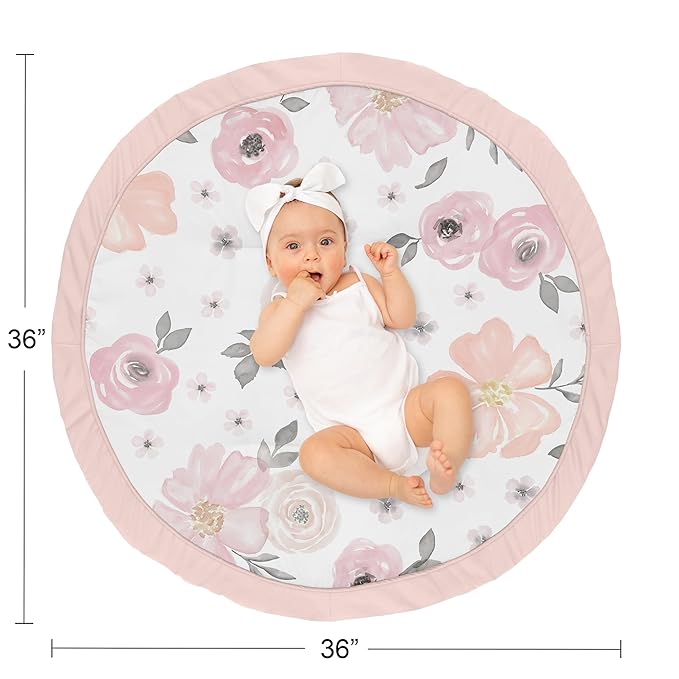 Sweet Jojo Designs Baby Play Mat (Pink/Grey Boho Floral) for Girls, Infant, Toddler Tummy Time Activity Floor Playmat (Watercolor, Flower, Elegant Rose, Shabby Chic, Farmhouse, Nature, Blush & Gray)