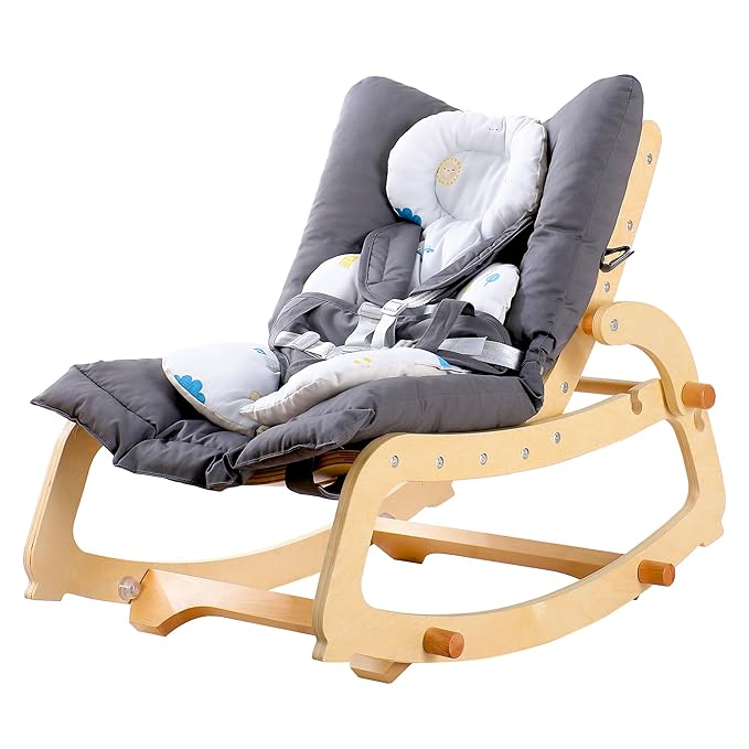 MallBest 3-in-1 Baby Rocker Chair with Double Cushions, for 0-12 Months, Adjustable Wooden Infant Rocker with Removable Cushion and 5-Point Harness for Infant to Toddler（Grey）