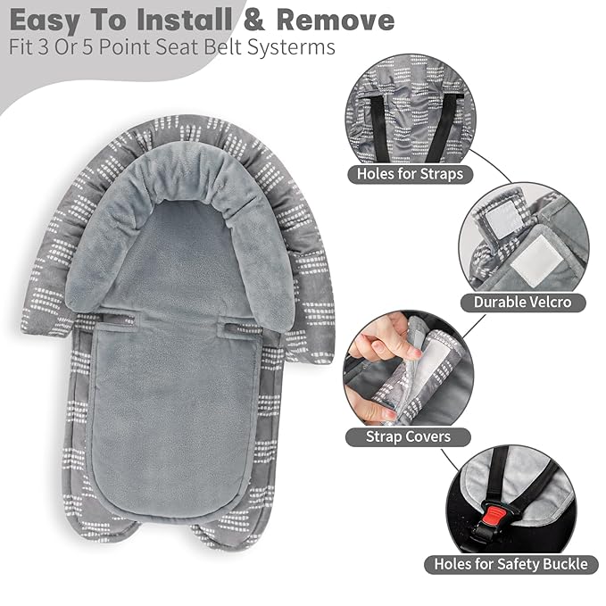 Infant Car Seat Insert, Baby Car Seat Head & Body Support with 2 Strap Pads, Ultra Soft Newborn Preemie Carseat Insert Cushion for Girls Boys, Fits Car Seat, Stroller, Swing, Bouncer, Gray
