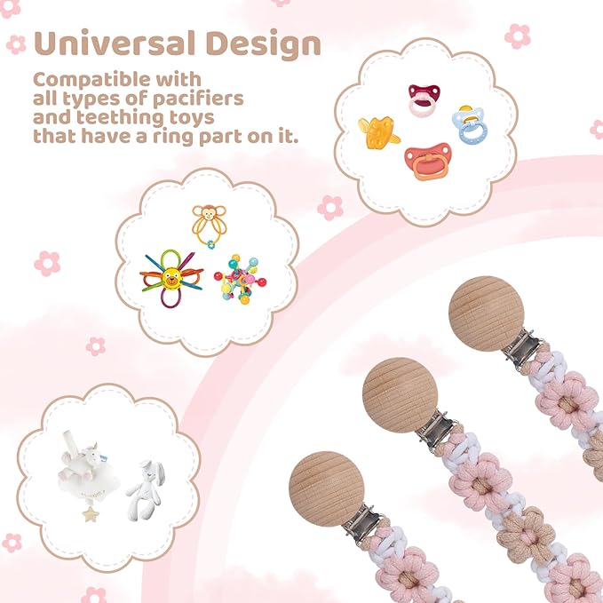 Pacifier Clip for Boys Girls Floral Daisy Macrame Baby Paci Clip Pacifier Holder Leash Boho Wooden Clips Handmade Braided Cotton Binky Clips (2pack:Khaki Style × 2)