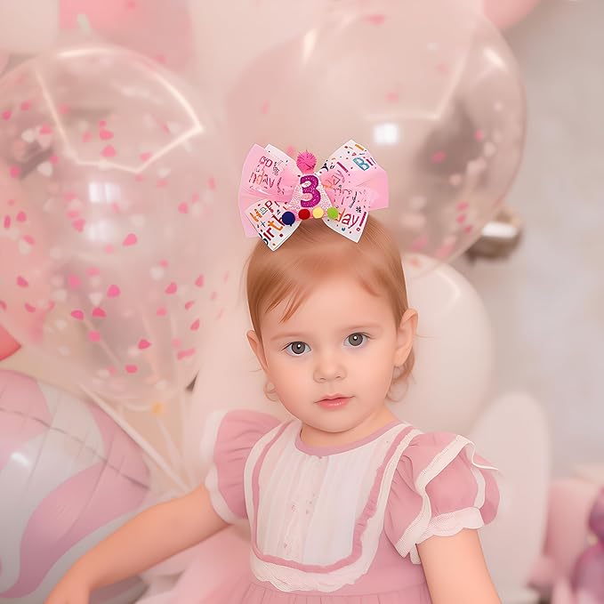 Birthday Hair Bow for Baby Girls 1 2 3 4 5 6 Years Sprinkle Decorations Party Pink Hair Accessories for Three 3rd Birthday Confetti Ice Cream