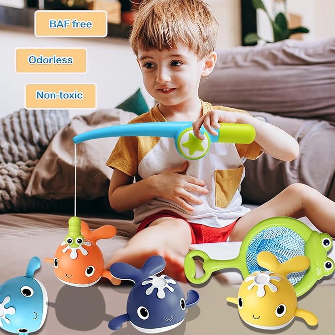 LOYUEGIYO Magnet Fishing Game Bath Baby Toy for 1-3 4-8 Year Old Toddler Boys Girls,Gifts for Kid,Baby Bathtub Water Shower Pool Toys 18 Months+,4 Swimming Wind-up Whale&1 Fishing Pole&1 Net