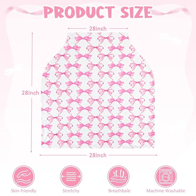 Baby Car Seat Cover Girls, Infant Carseat Canopy, Stretchy Multi- use Nursing Cover for Stroller/High Chair/Shopping Cart/Car Seat Canopies (Pink Bow)