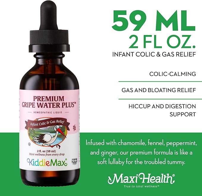 Maxi Health Homeopathic Gripe Water for Babies – Fast Acting Homeopathic Colic Calm Baby Gas Drops for Newborns – Natural Chamomile, Ginger, Peppermint & Fennel Baby Water for Hiccups 2PK