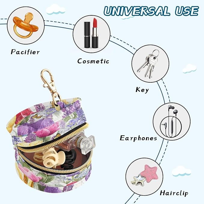 Pacifier Holder with Clip Pacifier Case for Diaper Bag Round Baby Pacifier Pouch Box Bag Portable Tulips Lavenders Purple Butterfly