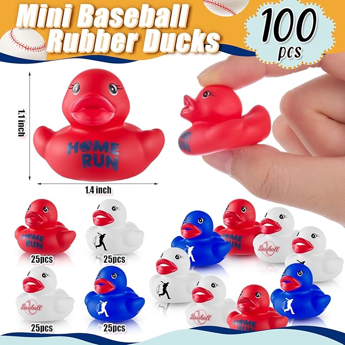 Gejoy 100 Pcs Baseball Rubber Ducks Assorted Sports Rubber Duckies Bulk Mini Ducks Toys Small Tiny Ducky for Team Favors Gifts