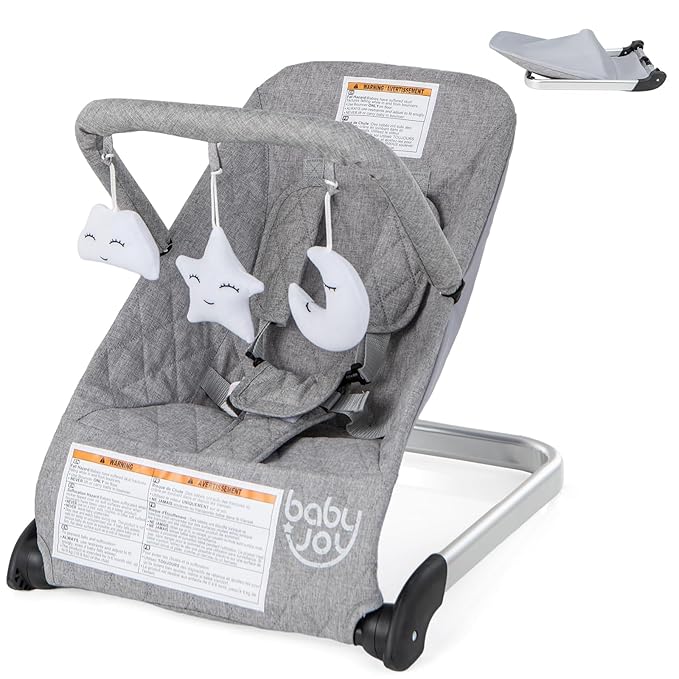 BABY JOY Baby Bouncer, Foldable Baby Bouncer Seat with 5-Point Safety Harness, Removable Fabric Cover & 3 Plush Hangings, Portable Infant Bouncer for Babies 0-6 Months (Light Grey)