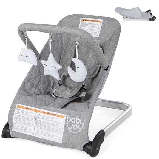 BABY JOY Baby Bouncer, Foldable Baby Bouncer Seat with 5-Point Safety Harness, Removable Fabric Cover & 3 Plush Hangings, Portable Infant Bouncer for Babies 0-6 Months (Light Grey)