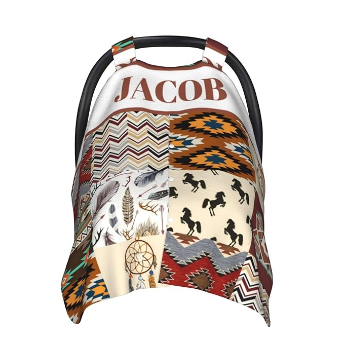 Personalized Baby Car Seat Canopy for Babies with Name, Custom Stripe Style Car Seat Covers for Boys Girls, Opening Minky Nursing Breastfeeding Stroller Cover Carseat Canopies for Infant Newborn