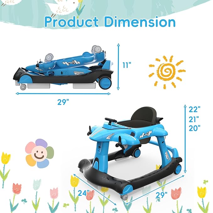 Betterhood 6-in-1 Foldable Baby Walker with Adjustable Height & Speed, Airplane-Themed Activity Push Walker with Music & Lights, Wheels, Anti-Slip Design, Suitable for Boys & Girls Aged 6-18 Months