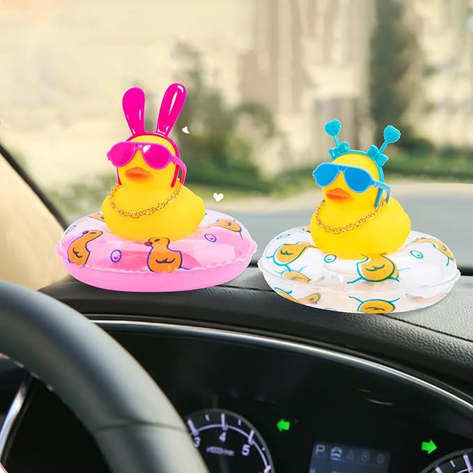 wonuu Car Duck Rubber Duck Car Ornaments Duck Car Dashboard Decorations with Cute Headband Swim Ring Necklace Sunglasses, B-Blue Double Heart Headband