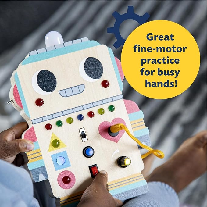 Peaceable Kingdom Blinkity Bot Light Up Busy Board for Toddlers Montessori Wooden Toy