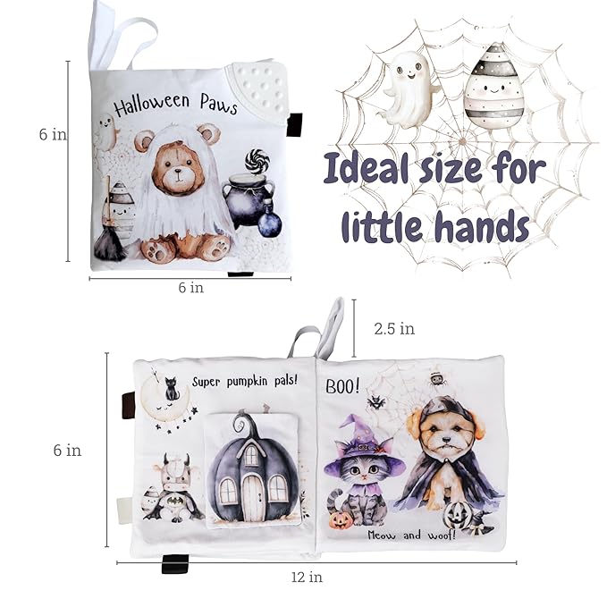 Ali+Oli Baby Cloth Book – Soft Sensory Crinkle Book with Teether for Infants 0-12 Months – Early Learning Touch & Feel Tummy Time Toy – Newborn Shower Gift for Christmas - Halloween Paws