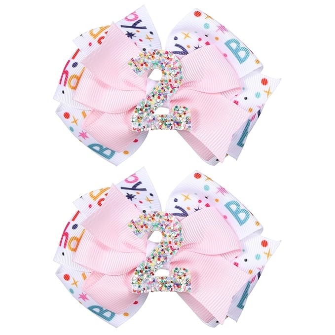 Happy Birthday Hair Bow for Girls,3.5in Glitter Pink Sprinkle Bow Clips Barrettes Alligator Hair Pins for Teens,Toddlers,Kids,2nd Birthday Ice Cream Party Decor Accessories Gift