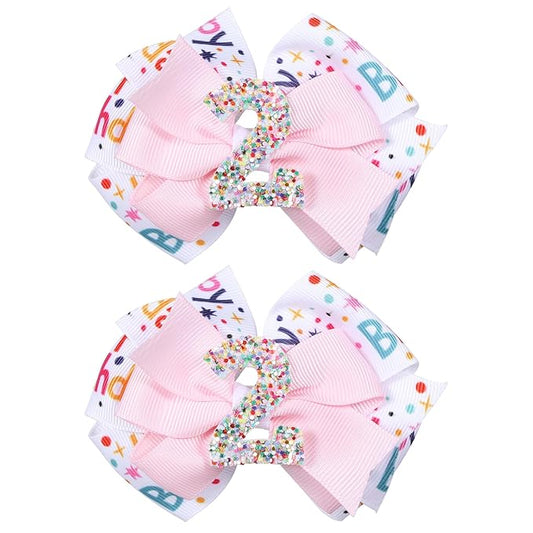 Happy Birthday Hair Bow for Girls,3.5in Glitter Pink Sprinkle Bow Clips Barrettes Alligator Hair Pins for Teens,Toddlers,Kids,2nd Birthday Ice Cream Party Decor Accessories Gift
