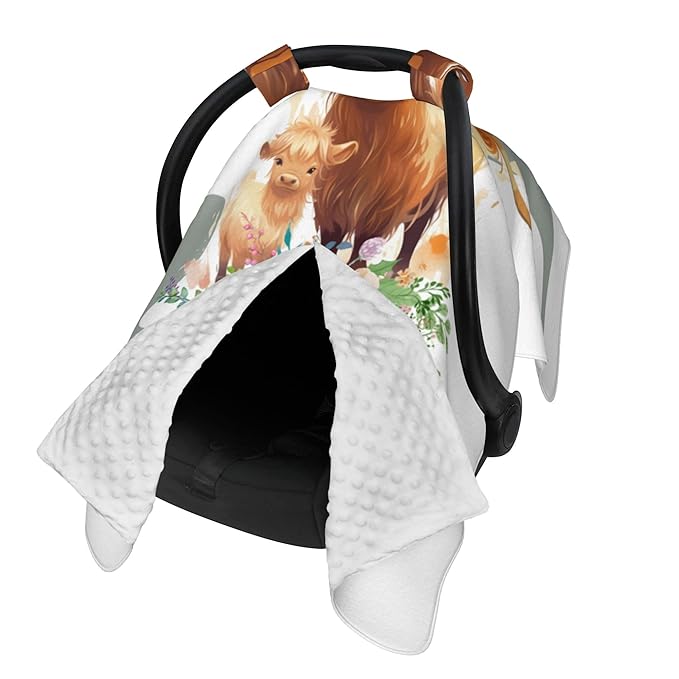Personalized Highland Cow Carseat Cover for Baby Custom Name Car Seat Canopy for Newborn Baby Boys Girls 2 in 1 Mom Nursing Breastfeeding Covers Minky Baby Carrier Stroller Covers