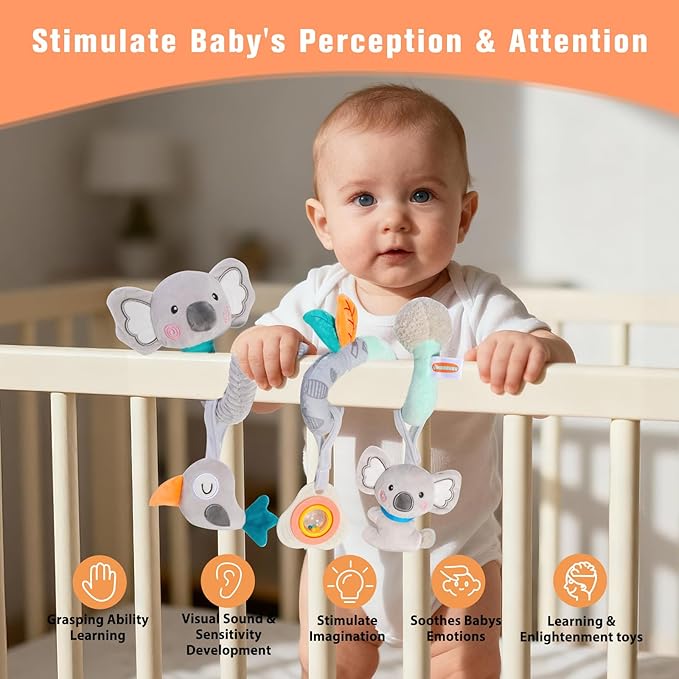 Baby Spiral Car Seat Toy, Stroller Hanging Sensory Toy for Newborn 0-12 Months, Soft Plush with Rattle Crinkle Teether, Koala Bird Activity Toy for Infant Boys Girls
