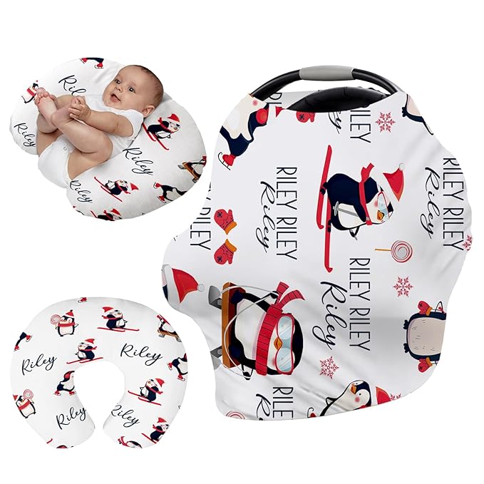 Personalised Car Seat Cover for Babies - Multi-use Carseat Canopy Cover Red Penguin Print with Name, Car Seat Covers, Christmas Birthday Gifts for Infant Boys and Girls(27"x29")