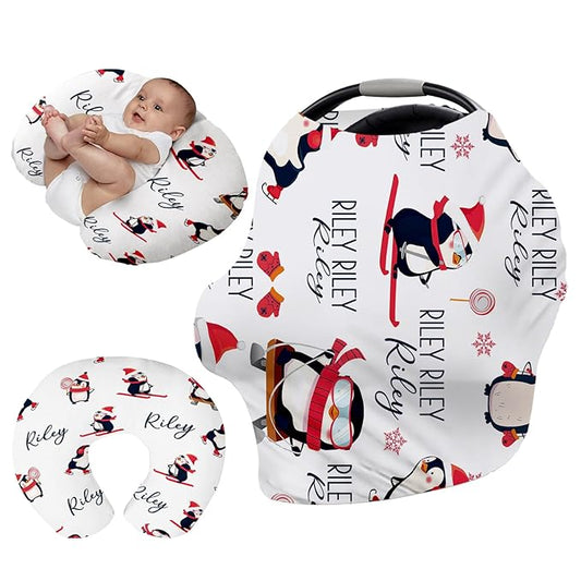 Personalised Car Seat Cover for Babies - Multi-use Carseat Canopy Cover Red Penguin Print with Name, Car Seat Covers, Christmas Birthday Gifts for Infant Boys and Girls(27"x29")