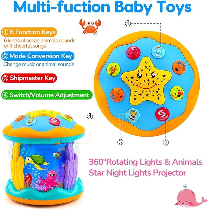 Baby Toys 6-12 Months Ocean Projector Rotating Musical Light Up Tummy Time Toys for Infant 0-6 3-6 Months Baby Aquarium Crawling Toys 4 5 6 7 8 9 12-18 Months Boy Girl 1 Year Old Birthday Easter Gifts