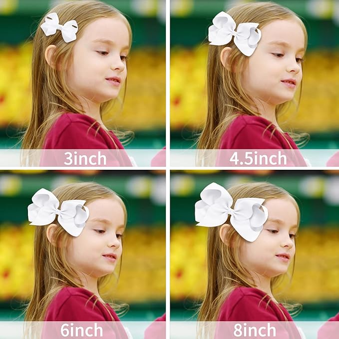Oaoleer 8PCS Hair Bows for Girls White Grosgrain Ribbon Boutique Bow Alligator Clips Hair Accessories for Toddlers Little Girls Kids (8inch, 6inch, 4.5inch, 3inch in Pair)