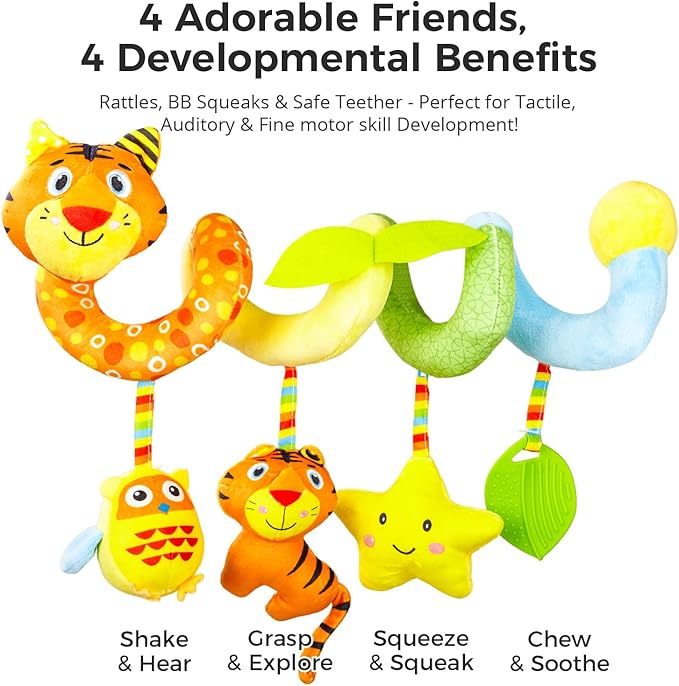 Carseat Toys Hanging for Babies 0-6-12 Months – Plush Spiral Car Seat Toys with Rattles, Crinkle & Teether – Stroller, Crib Hanging,for Baby Gym