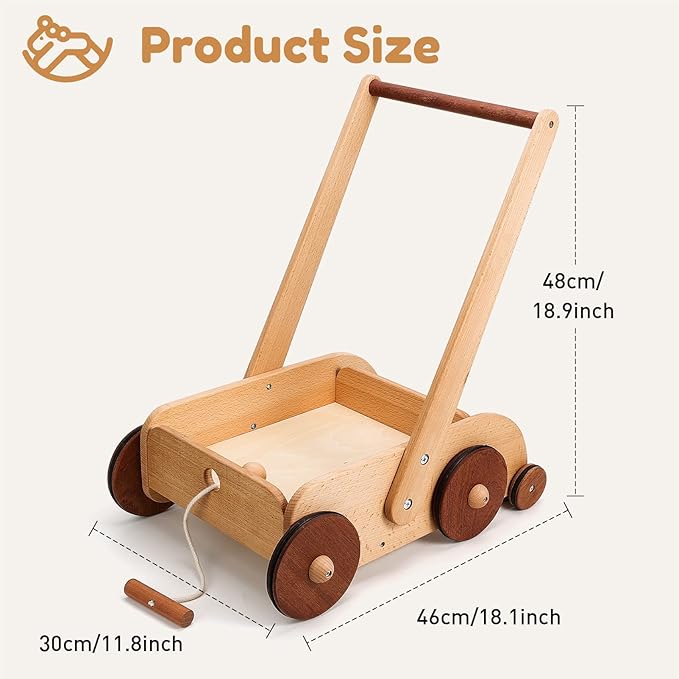 Woodtoe Wooden Baby Walker, Adjustable Speed Anti-Rollover Push Walker Toy for Babies Learning to Walk, Natural Toddler Push and Pull Toys Wagon, Montessori Birthday Toy Gift for Boy Girl 1 2 3 Years