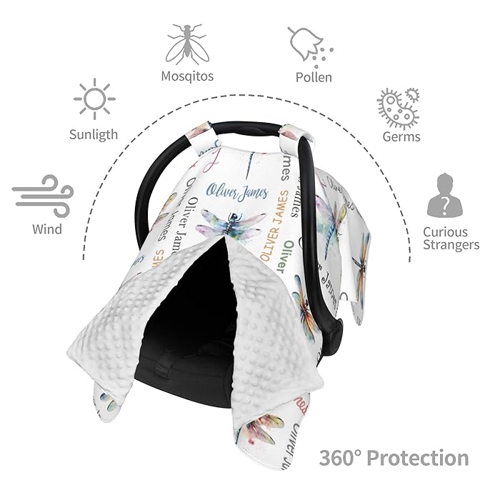 Personalized Baby Car Seat Canopy with Name Custom Minky Dragonfly Car Seat Covers Nursing Cover for Breastfeeding Multi-Use Cover Infant Carrier Carseat Winter Cover for Newborn Girls Boys