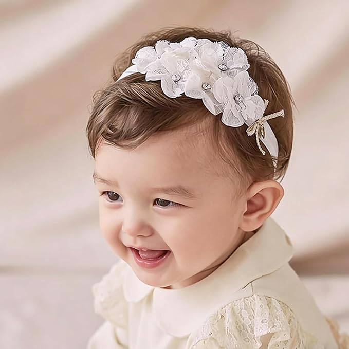 Baby Girls Hairband White Bow Lace Headbands Handmade Soft Stretchy Wide Head Band Newborn Hairbands with Bows Pearls Elastic Headband for Infant Hair Accessories（White Lace Flower）