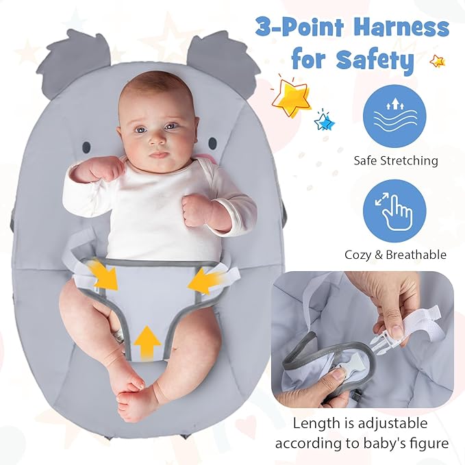 BABY JOY Baby Bouncer, Portable Baby Bouncer Seat with Vibration & Music, Removable Bar & Fabric Cover, 3-Point Safety Harness, Infant Bouncer for Babies 0-6 Months Up to 20 lbs