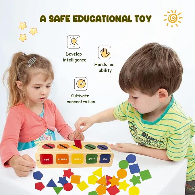 WOODENFUN Color Shape Sorting Toy for Toddler, Wooden Montessori Shape Sorter Color Matching Box Game, Learning Sensory Toys Gift for Boy Girl 3 Year Old