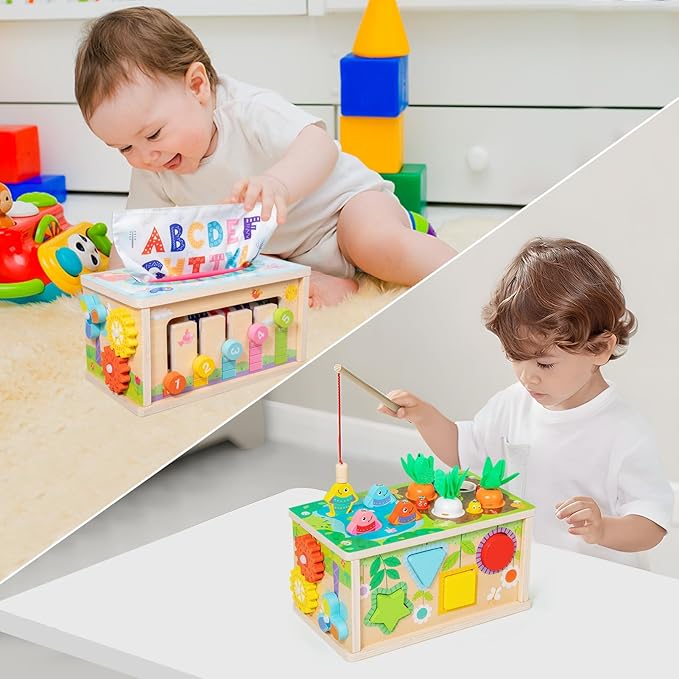 Ancaixin 6-in-1 Montessori Tissue Box Toy for 6+ Months Baby, Wooden Activity Cube, Puzzles 12-18 Months, Perfect 1 Year Old Girl Boy Gifts, Sensory Toys for Toddlers 1-3, Baby 1st Birthday Gift