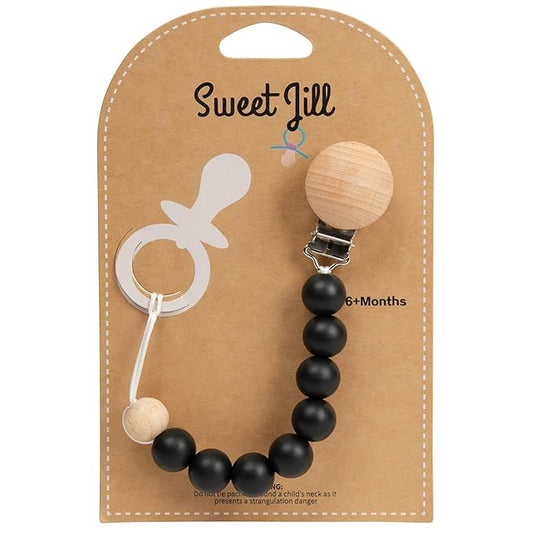 Pacifier Clip Made with Silicone Beads and Secured with Wood Clip. 9" Long. Keeps Pacifiers securely Fastened. (Black)