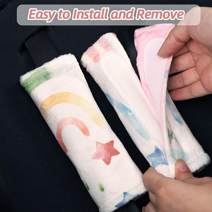 Baby Car Seat Strap Pads, Car Seat Strap Shoulder Covers for Baby Infant Toddler, Double-Sided Car Seat Belt Covers for Stroller/Pushchair/Baby Swing, Soft Flannel, Rainbow